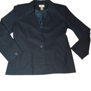 Womans Size 14 Navy Linen Blazer Pockets Notch Collar Button Front